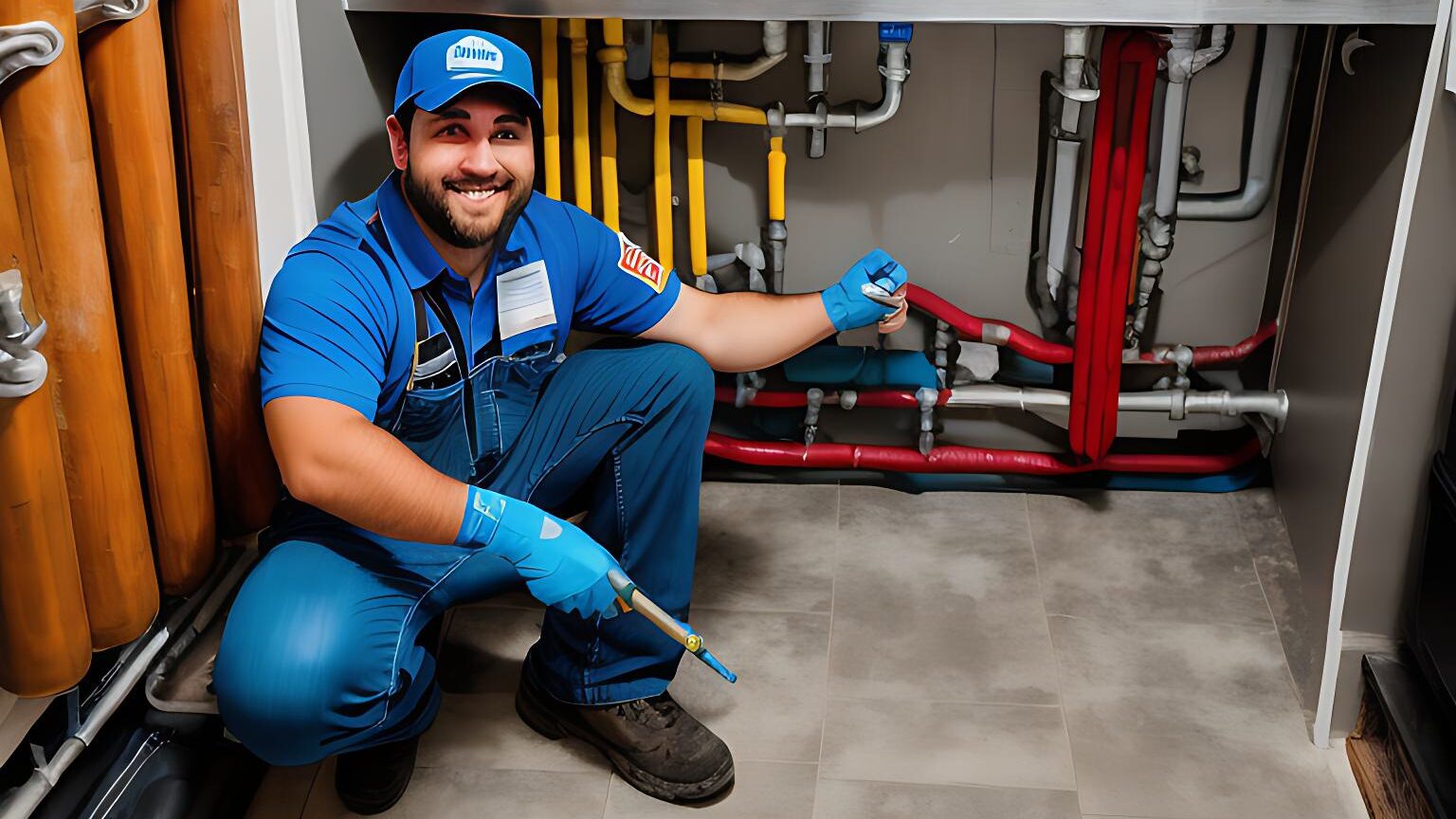 A picture of a plumber under a sink fixing a water line.
